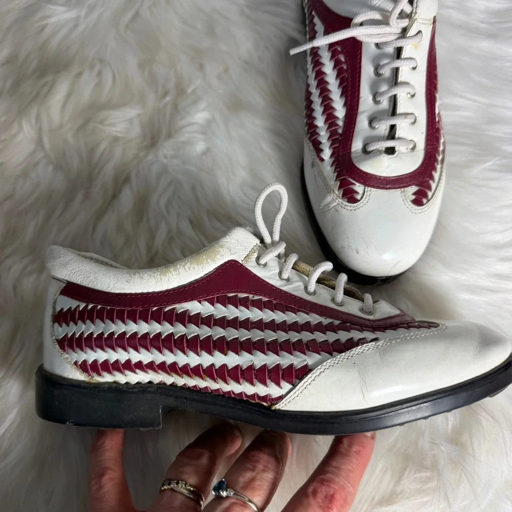 Aerogreen Womens Woven Leather Golf Shoes White Burgundy Made in‎ Italy Size 6